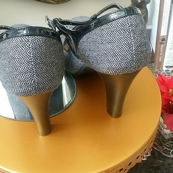 Textured Fabric Grey T-Strap Heels - Picture 2 of 5